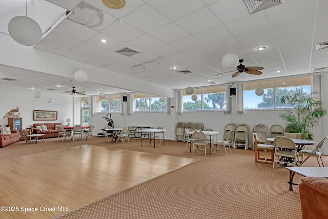 interior space featuring carpet, a wealth of natural light, and ceiling fan