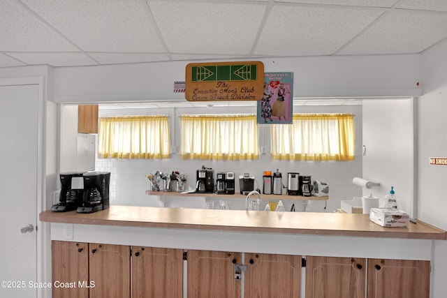 bar featuring a paneled ceiling, a healthy amount of sunlight, and decorative backsplash