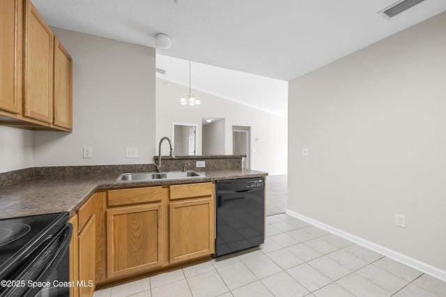 kitchen featuring sink, hanging light fixtures, black appliances, light tile patterned flooring, and vaulted ceiling