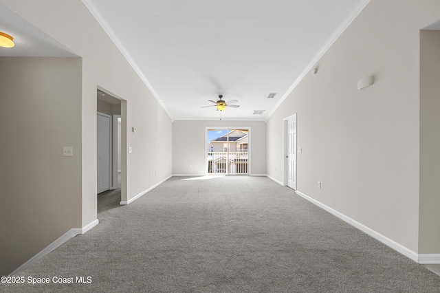 unfurnished living room with ornamental molding, carpet floors, and ceiling fan