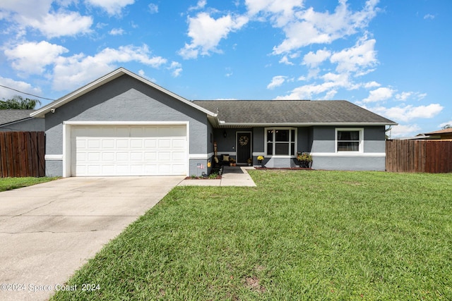 ranch-style house with a front lawn and a garage