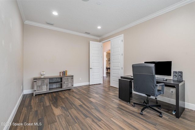 7690 Kerrington Dr, Melbourne, FL 32940 - office area featuring ornamental molding and dark hardwood / wood-style floors