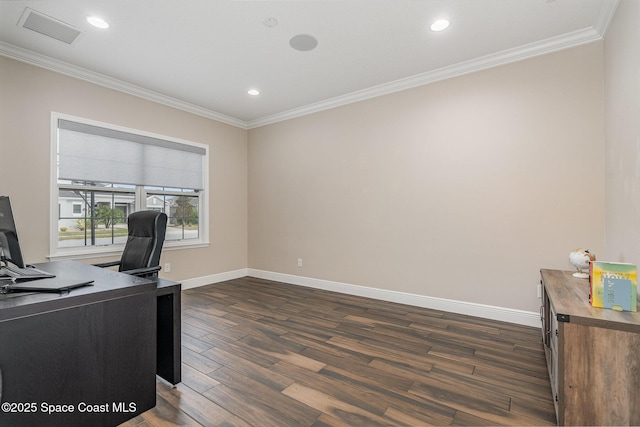 7690 Kerrington Dr, Melbourne, FL 32940 - home office featuring crown molding and dark hardwood / wood-style floors