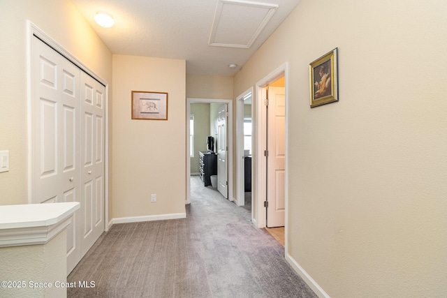 hall with light colored carpet