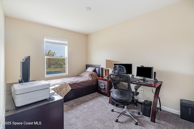 bedroom featuring light carpet