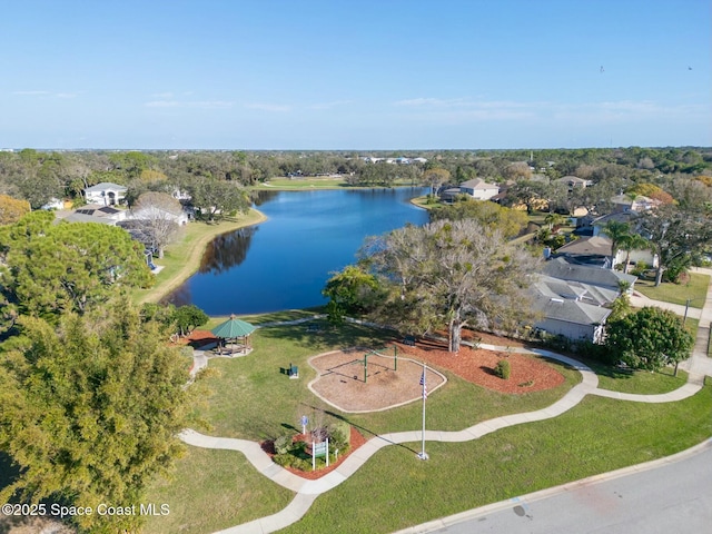 drone / aerial view featuring a water view