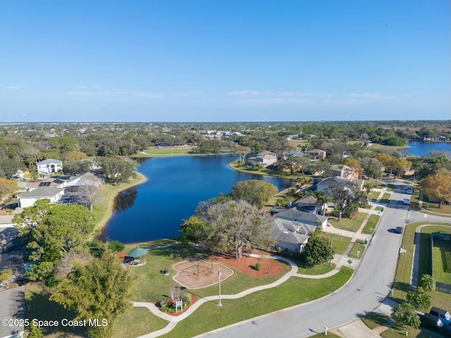 drone / aerial view featuring a water view