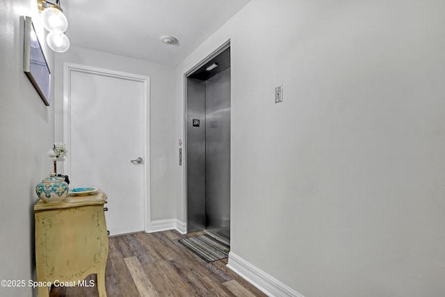 hallway with hardwood / wood-style flooring and elevator