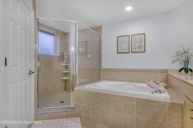 bathroom with plus walk in shower and tile patterned floors