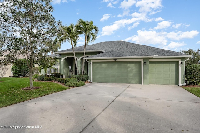 view of front of property featuring a front yard and a garage