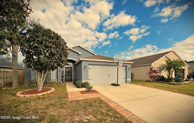 ranch-style home featuring a garage and a front yard