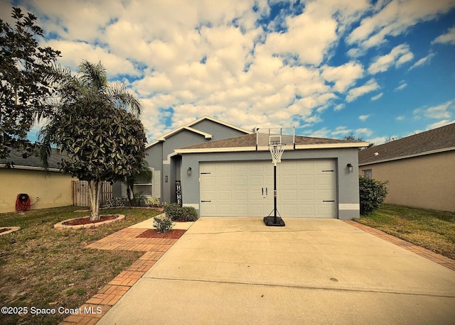 ranch-style house with a garage and a front yard