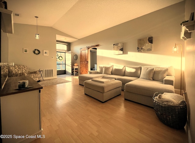 living room featuring lofted ceiling and light wood-type flooring