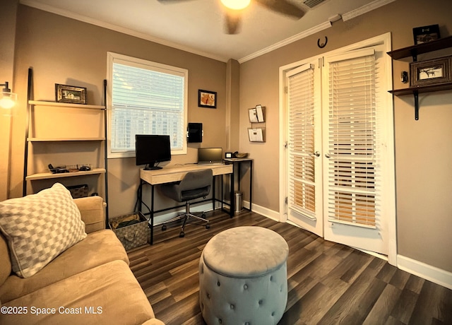 office space featuring dark wood-type flooring, ceiling fan, and crown molding