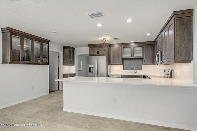 kitchen featuring sink, dark brown cabinets, light wood-type flooring, appliances with stainless steel finishes, and kitchen peninsula