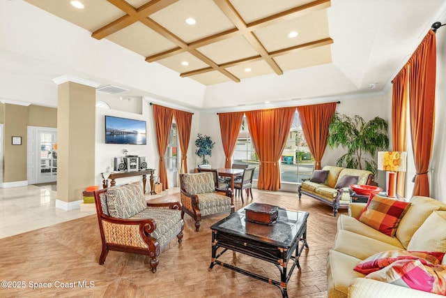 living room with beamed ceiling and coffered ceiling