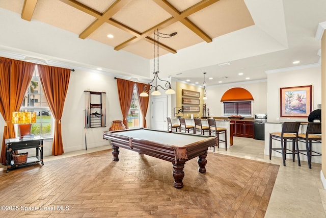 recreation room with coffered ceiling, billiards, ornamental molding, beam ceiling, and light parquet flooring