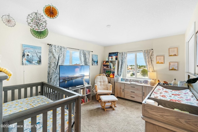 bedroom with a crib and carpet