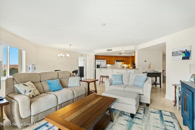 living room featuring an inviting chandelier