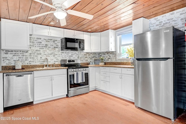 kitchen featuring wooden ceiling, white cabinetry, appliances with stainless steel finishes, and sink