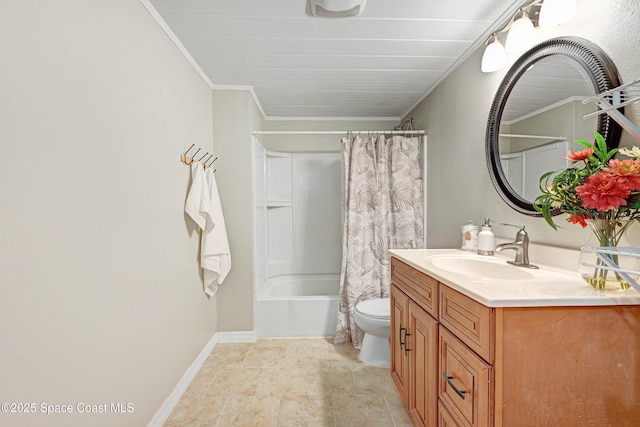 full bathroom featuring toilet, vanity, crown molding, and shower / bath combo with shower curtain