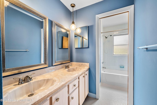 bathroom with shower / tub combination, tile patterned flooring, and vanity