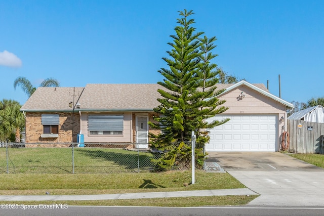 ranch-style home with a garage and a front lawn