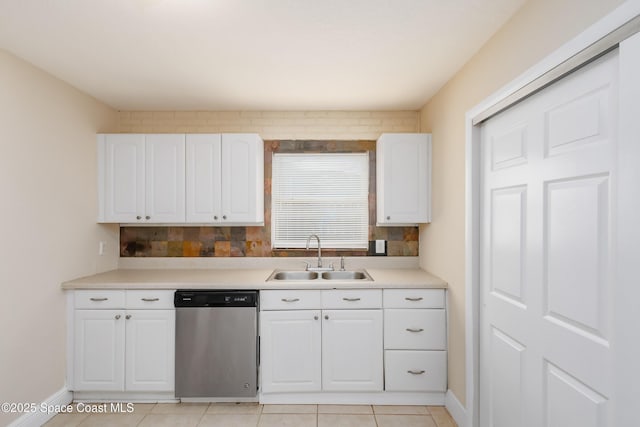 kitchen featuring sink, white cabinets, dishwasher, and tasteful backsplash