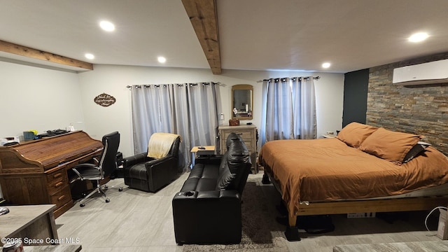 bedroom with beam ceiling and a wall mounted air conditioner