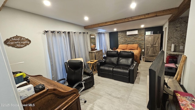 home office featuring beam ceiling and a wall mounted AC