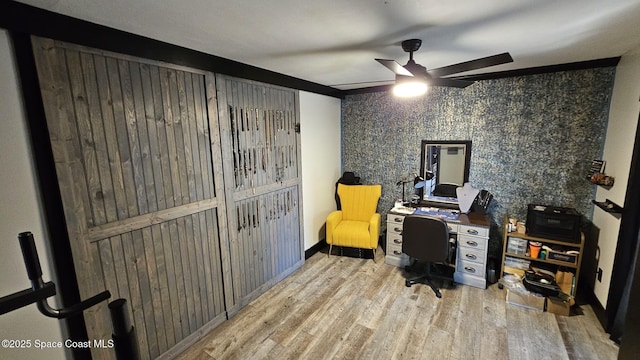 office area featuring ceiling fan and light hardwood / wood-style floors