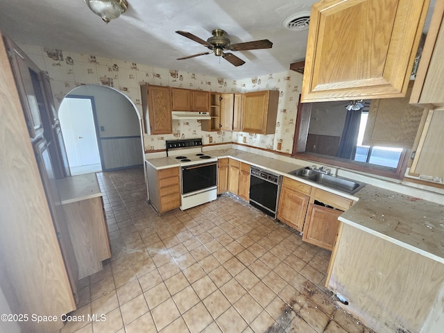 kitchen with light countertops, black dishwasher, wallpapered walls, and white electric range oven