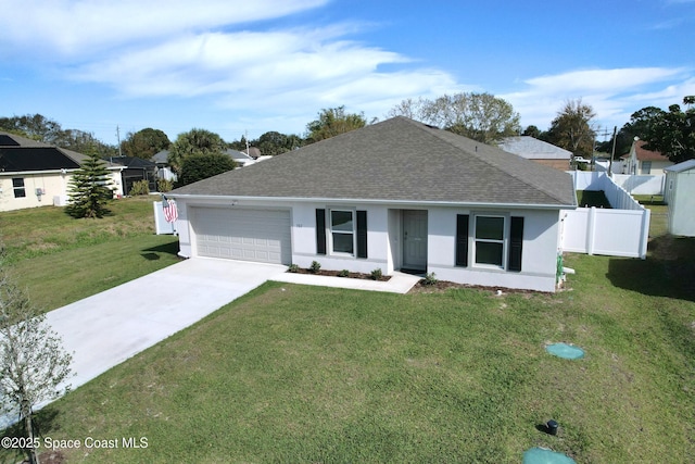 ranch-style house with a garage and a front yard