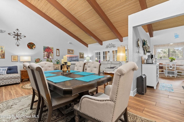 dining room featuring high vaulted ceiling, light hardwood / wood-style floors, wooden ceiling, and beamed ceiling