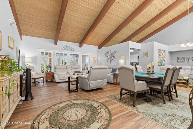 dining space featuring beam ceiling, high vaulted ceiling, wooden ceiling, and hardwood / wood-style floors