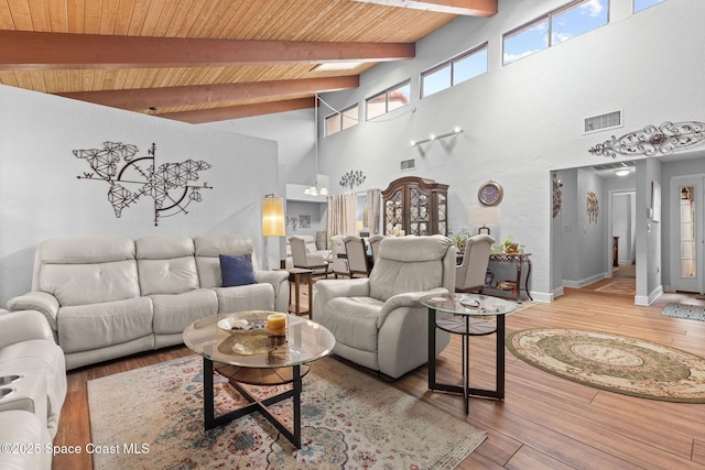 living room with hardwood / wood-style flooring, a high ceiling, wood ceiling, and beamed ceiling