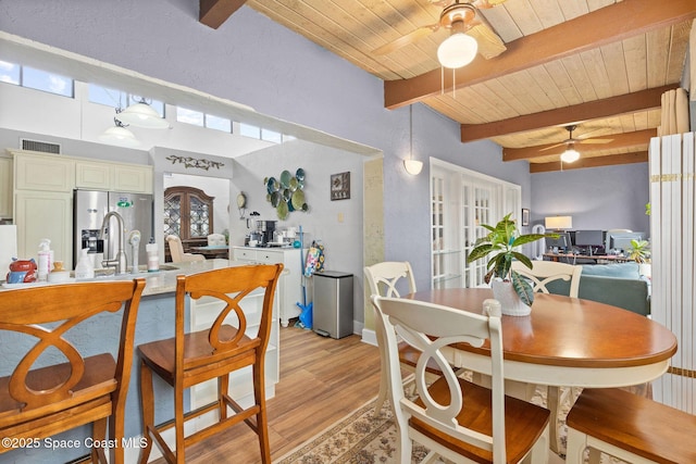 dining room featuring ceiling fan, light hardwood / wood-style floors, sink, beamed ceiling, and wooden ceiling