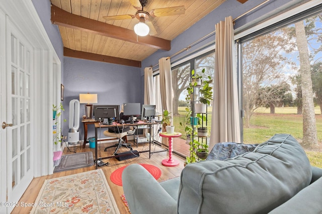 interior space featuring ceiling fan, wood ceiling, hardwood / wood-style flooring, and beamed ceiling