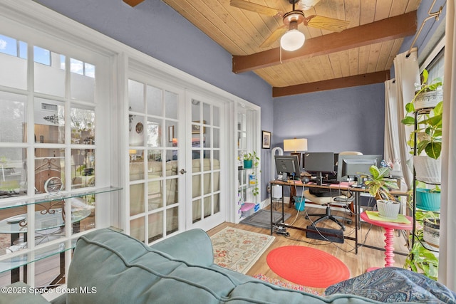 sunroom with ceiling fan, french doors, beamed ceiling, and wooden ceiling