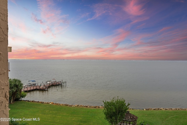 dock area with a water view and a lawn