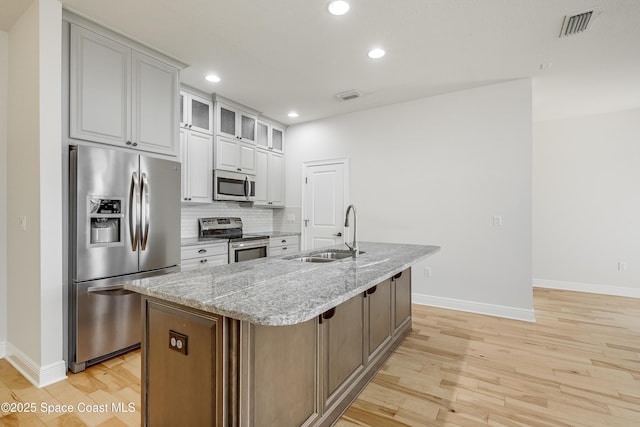 kitchen featuring appliances with stainless steel finishes, sink, a kitchen island with sink, and white cabinets