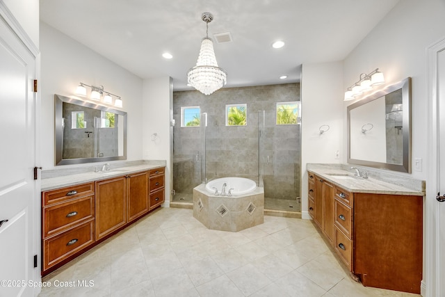 bathroom featuring vanity, separate shower and tub, and tile patterned flooring