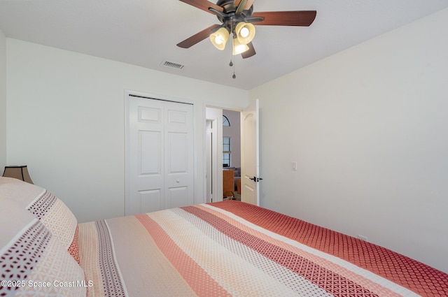 bedroom featuring ceiling fan and a closet