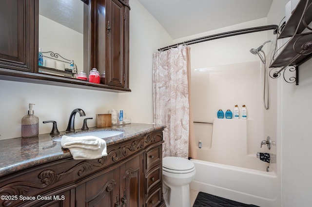 full bathroom featuring vanity, shower / bathtub combination with curtain, and toilet