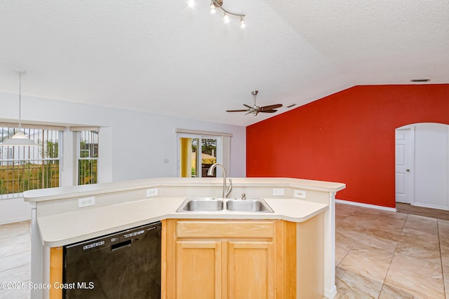 kitchen with sink, dishwasher, a kitchen island with sink, a textured ceiling, and vaulted ceiling