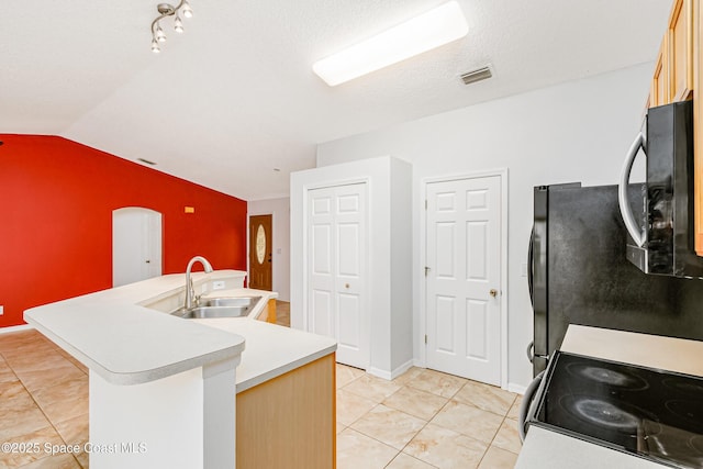 kitchen with lofted ceiling, sink, stainless steel electric range oven, light brown cabinets, and an island with sink