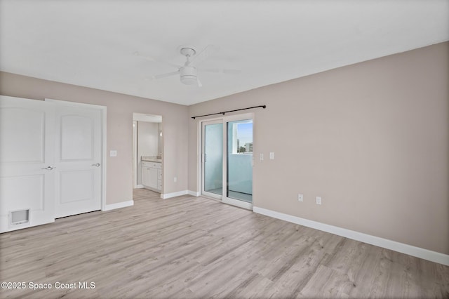 unfurnished bedroom with ceiling fan, access to exterior, and light wood-type flooring