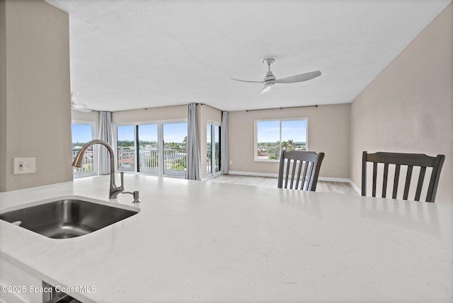 kitchen featuring sink, ceiling fan, and light hardwood / wood-style floors