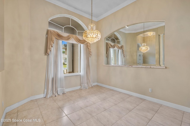 unfurnished room featuring an inviting chandelier, tile patterned floors, and ornamental molding