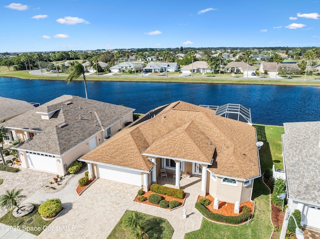 aerial view featuring a water view